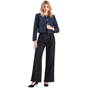 Hobemty Blue Plaid Tweed Blazer Jacket Gold Button‎ Front Cropped Small NWT